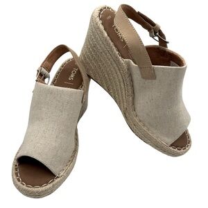 TOMS Monica Wedge Sandal Natural Cream Oxford with Leather Strap Closure 8.5M